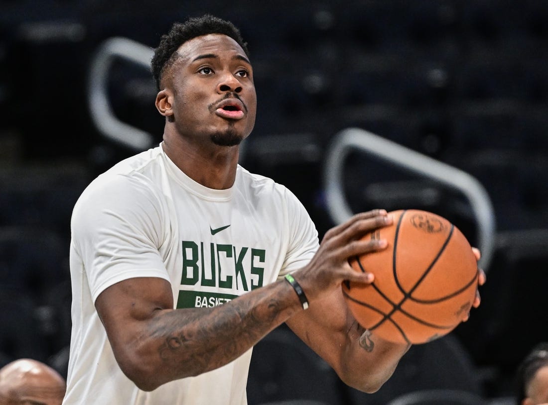 Dec 17, 2022; Milwaukee, Wisconsin, USA; Milwaukee Bucks forward Thanasis Antetokounmpo (43) warms up before a  game against the Utah Jazz at Fiserv Forum. Mandatory Credit: Benny Sieu-USA TODAY Sports