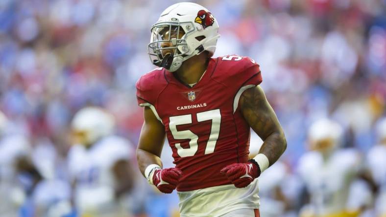 Nov 27, 2022; Glendale, Arizona, USA; Arizona Cardinals linebacker Kamu Grugier-Hill (57) against the Los Angeles Chargers at State Farm Stadium. Mandatory Credit: Mark J. Rebilas-USA TODAY Sports