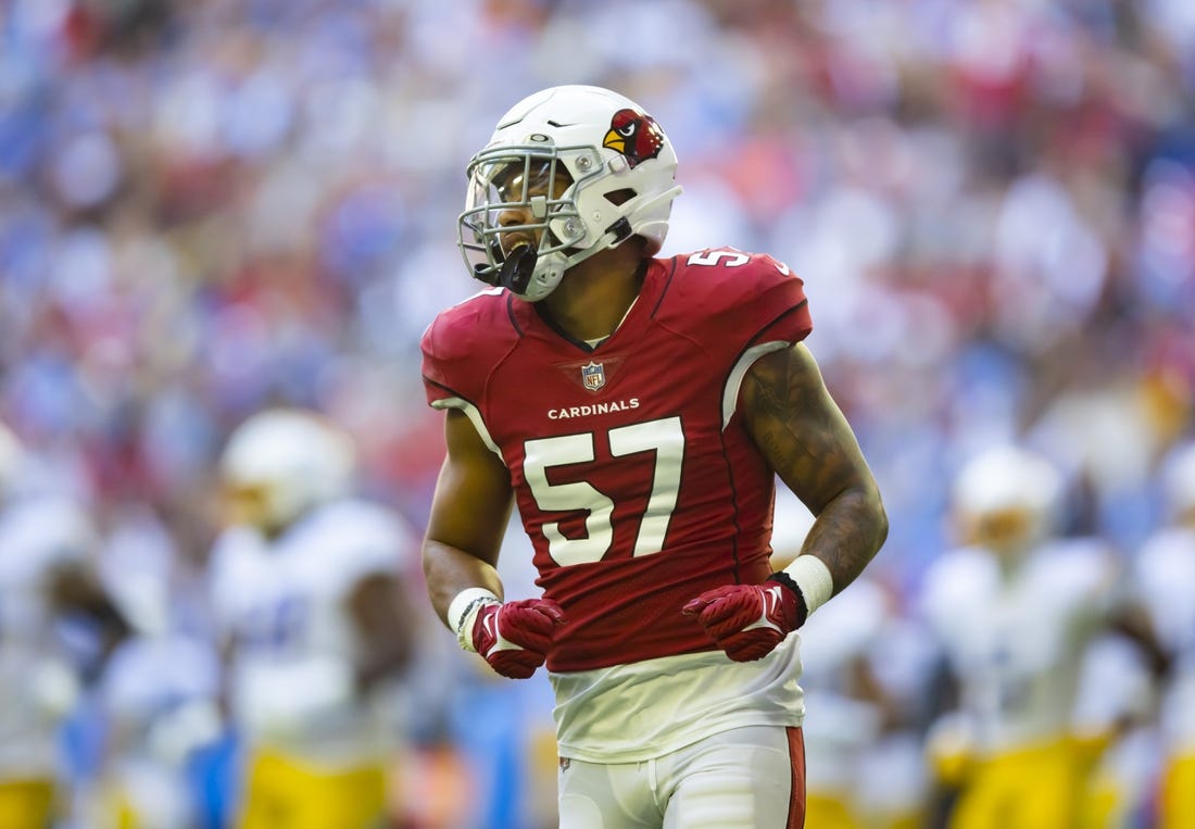 Nov 27, 2022; Glendale, Arizona, USA; Arizona Cardinals linebacker Kamu Grugier-Hill (57) against the Los Angeles Chargers at State Farm Stadium. Mandatory Credit: Mark J. Rebilas-USA TODAY Sports