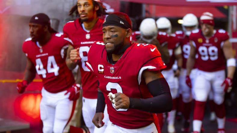 Nov 27, 2022; Glendale, Arizona, USA; Arizona Cardinals safety Budda Baker (3) against the Los Angeles Chargers at State Farm Stadium. Mandatory Credit: Mark J. Rebilas-USA TODAY Sports