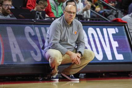 Dec 23, 2022; Piscataway, New Jersey, USA; Bucknell Bison head coach Nathan Davis during the second half against the Rutgers Scarlet Knights at Jersey Mike's Arena. Mandatory Credit: Vincent Carchietta-USA TODAY Sports