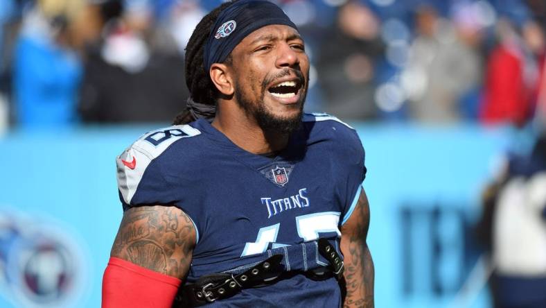 Dec 24, 2022; Nashville, Tennessee, USA; Tennessee Titans linebacker Bud Dupree (48) leaves the field after warmups before the game against the Houston Texans at Nissan Stadium. Mandatory Credit: Christopher Hanewinckel-USA TODAY Sports