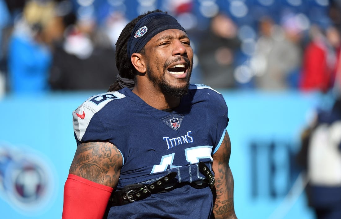 Dec 24, 2022; Nashville, Tennessee, USA; Tennessee Titans linebacker Bud Dupree (48) leaves the field after warmups before the game against the Houston Texans at Nissan Stadium. Mandatory Credit: Christopher Hanewinckel-USA TODAY Sports