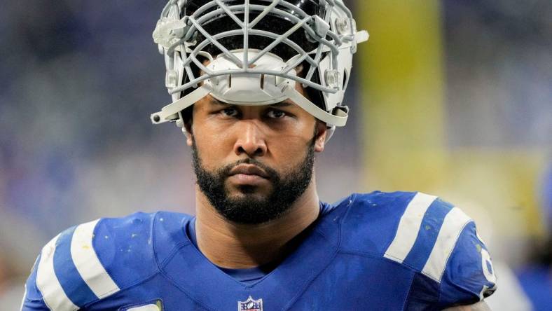 Indianapolis Colts defensive tackle DeForest Buckner (99) leaves the field Tuesday, Dec. 27, 2022, after losing a game 20-3 against the Los Angeles Chargers at Lucas Oil Stadium in Indianapolis.