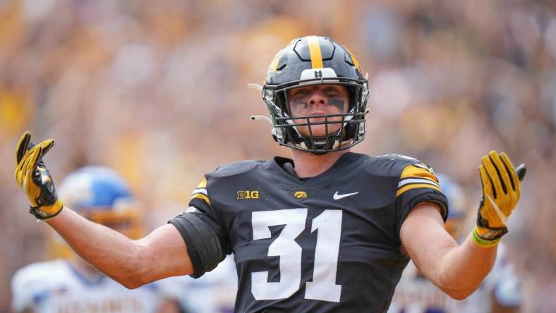 Iowa linebacker Jack Campbell reacts after making a tackle against South Dakota State during a NCAA football game on Saturday, Sept. 3, 2022, at Kinnick Stadium in Iowa City.

Iowavssdsu 20220903 Bh

Syndication The Des Moines Register