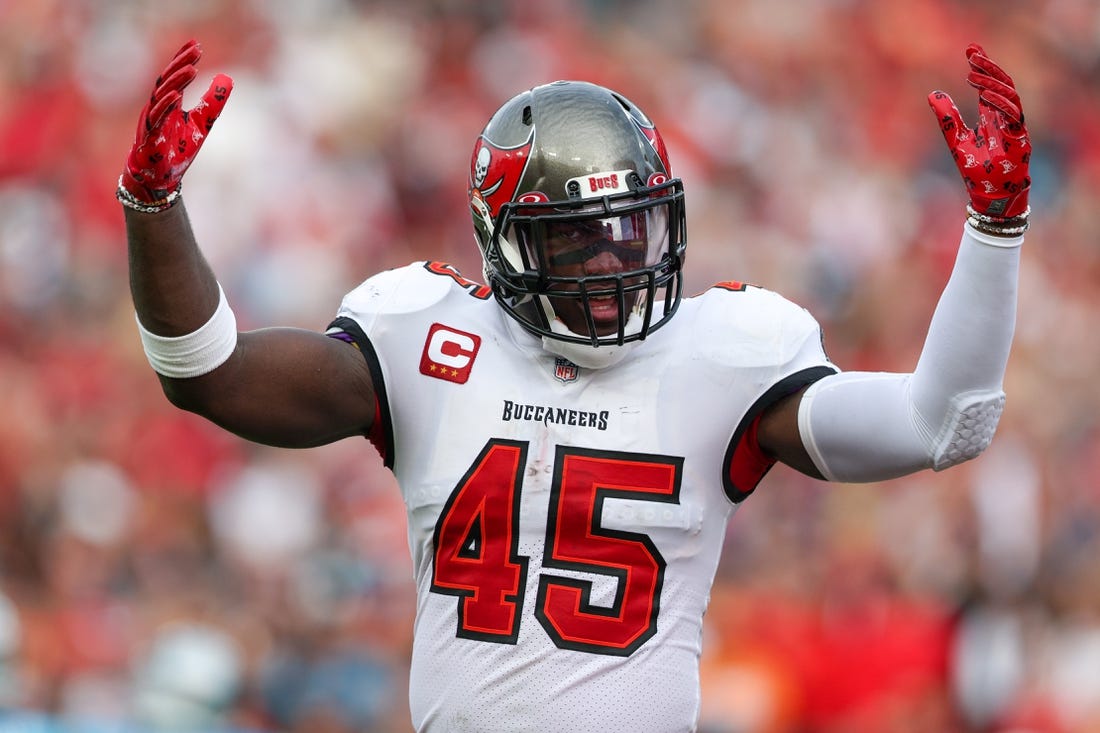 Jan 1, 2023; Tampa, Florida, USA;  Tampa Bay Buccaneers linebacker Devin White (45) reacts after a play against the Carolina Panthers in the fourth quarter at Raymond James Stadium. Mandatory Credit: Nathan Ray Seebeck-USA TODAY Sports