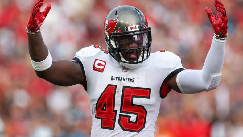 Jan 1, 2023; Tampa, Florida, USA;  Tampa Bay Buccaneers linebacker Devin White (45) reacts after a play against the Carolina Panthers in the fourth quarter at Raymond James Stadium. Mandatory Credit: Nathan Ray Seebeck-USA TODAY Sports