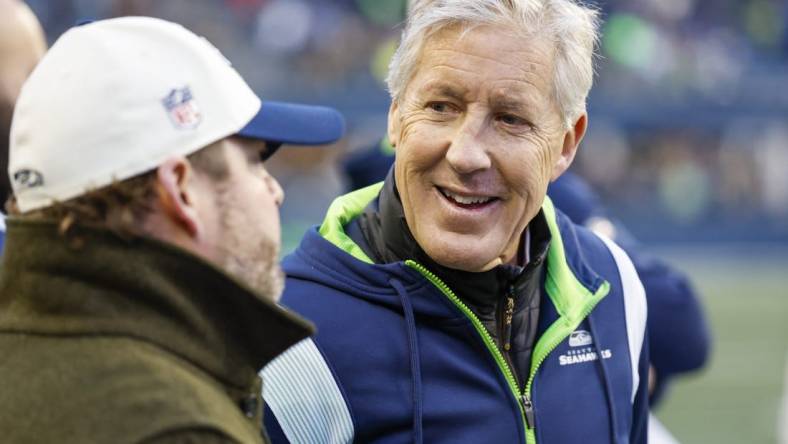 Seahawks head coach Pete Carroll and general manager John Schneider turned in a surprise pick at No. 5 on Thursday. But Carroll explained his motive. Mandatory Credit: Joe Nicholson-USA TODAY Sports