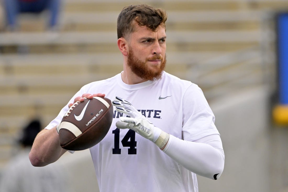 Jan 2, 2023; Pasadena, California, USA; Penn State Nittany Lions quarterback Sean Clifford (14) warms up before the game between the Utah Utes and the Penn State Nittany Lions at Rose Bowl. Mandatory Credit: Jayne Kamin-Oncea-USA TODAY Sports