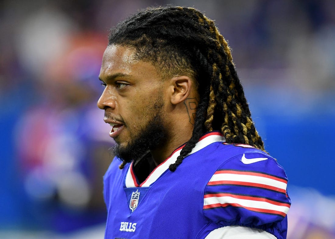 Nov 20, 2022; Detroit, Michigan, USA; Buffalo Bills safety Damar Hamlin warms up before a game against the Cleveland Browns at Ford Field. Mandatory Credit: Lon Horwedel-USA TODAY Sports