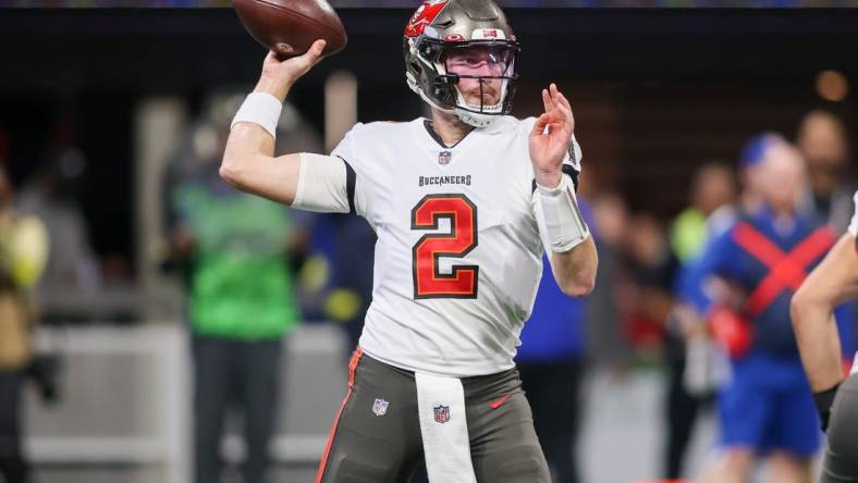 Jan 8, 2023; Atlanta, Georgia, USA; Tampa Bay Buccaneers quarterback Kyle Trask (2) throws a pass against the Atlanta Falcons in the second half at Mercedes-Benz Stadium. Mandatory Credit: Brett Davis-USA TODAY Sports