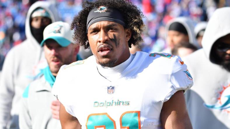 Jan 15, 2023; Orchard Park, NY, USA; Miami Dolphins safety Eric Rowe (21) before playing against the Buffalo Bills in a NFL wild card game at Highmark Stadium. Mandatory Credit: Mark Konezny-USA TODAY Sports