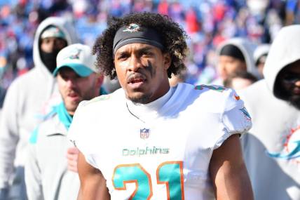 Jan 15, 2023; Orchard Park, NY, USA; Miami Dolphins safety Eric Rowe (21) before playing against the Buffalo Bills in a NFL wild card game at Highmark Stadium. Mandatory Credit: Mark Konezny-USA TODAY Sports