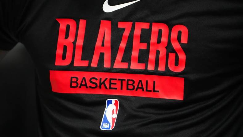 Jan 17, 2023; Denver, Colorado, USA; Detailed view of a Portland Trail Blazers logo warmup jersey before the game against the Denver Nuggets at Ball Arena. Mandatory Credit: Ron Chenoy-USA TODAY Sports