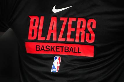 Jan 17, 2023; Denver, Colorado, USA; Detailed view of a Portland Trail Blazers logo warmup jersey before the game against the Denver Nuggets at Ball Arena. Mandatory Credit: Ron Chenoy-USA TODAY Sports