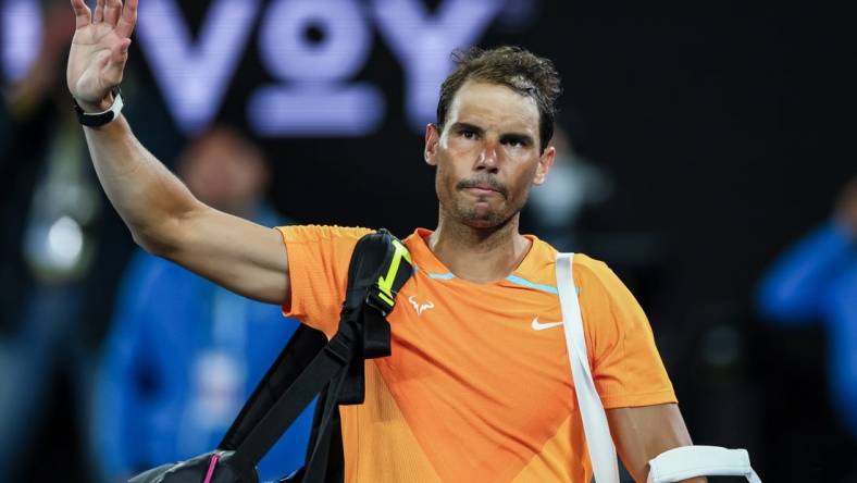 Jan 18, 2023; Melbourne, VICTORIA, Australia; Rafael Nadal after his second round match against Mackenzie Mcdonald on day three of the 2023 Australian Open tennis tournament at Melbourne Park. Mandatory Credit: Mike Frey-USA TODAY Sports