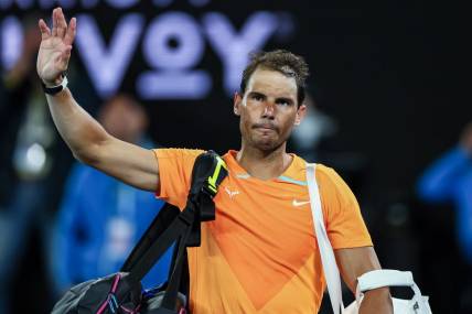 Jan 18, 2023; Melbourne, VICTORIA, Australia; Rafael Nadal after his second round match against Mackenzie Mcdonald on day three of the 2023 Australian Open tennis tournament at Melbourne Park. Mandatory Credit: Mike Frey-USA TODAY Sports