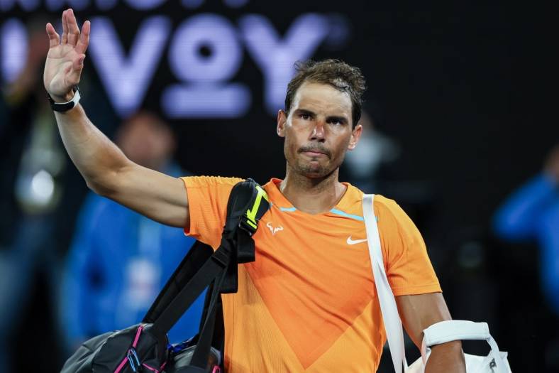 Jan 18, 2023; Melbourne, VICTORIA, Australia; Rafael Nadal after his second round match against Mackenzie Mcdonald on day three of the 2023 Australian Open tennis tournament at Melbourne Park. Mandatory Credit: Mike Frey-USA TODAY Sports