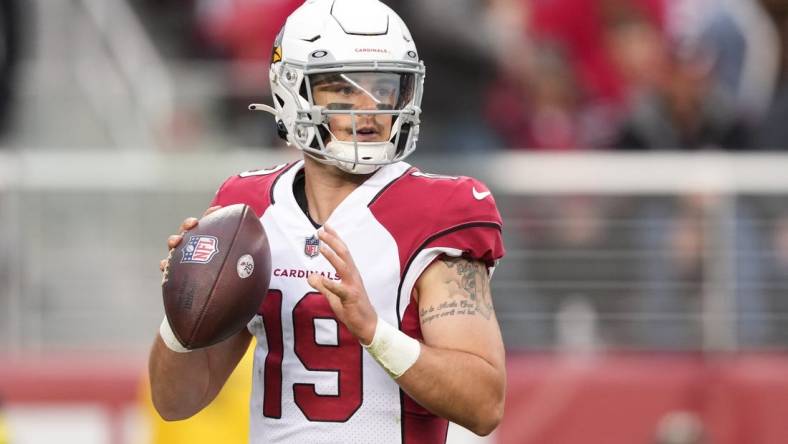 Jan 8, 2023; Santa Clara, California, USA; Arizona Cardinals quarterback Trace McSorley (19) against the San Francisco 49ers during the fourth quarter at Levi's Stadium. Mandatory Credit: Darren Yamashita-USA TODAY Sports