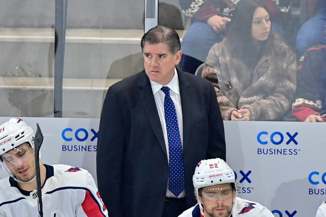 Jan 19, 2023; Tempe, Arizona, USA; Washington Capitals head coach Peter Laviolette looks on in the second period against the Arizona Coyotes at Mullett Arena. Mandatory Credit: Matt Kartozian-USA TODAY Sports