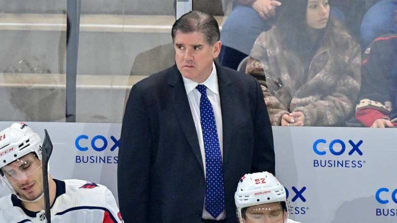 Jan 19, 2023; Tempe, Arizona, USA; Washington Capitals head coach Peter Laviolette looks on in the second period against the Arizona Coyotes at Mullett Arena. Mandatory Credit: Matt Kartozian-USA TODAY Sports