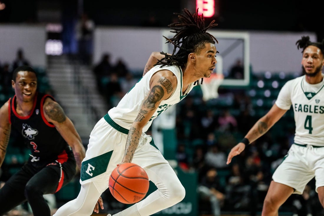 Eastern Michigan forward Emoni Bates dribbles against Northern Illinois during the first half at the George Gervin GameAbove Center in Ypsilanti on Saturday, Jan. 21, 2023.