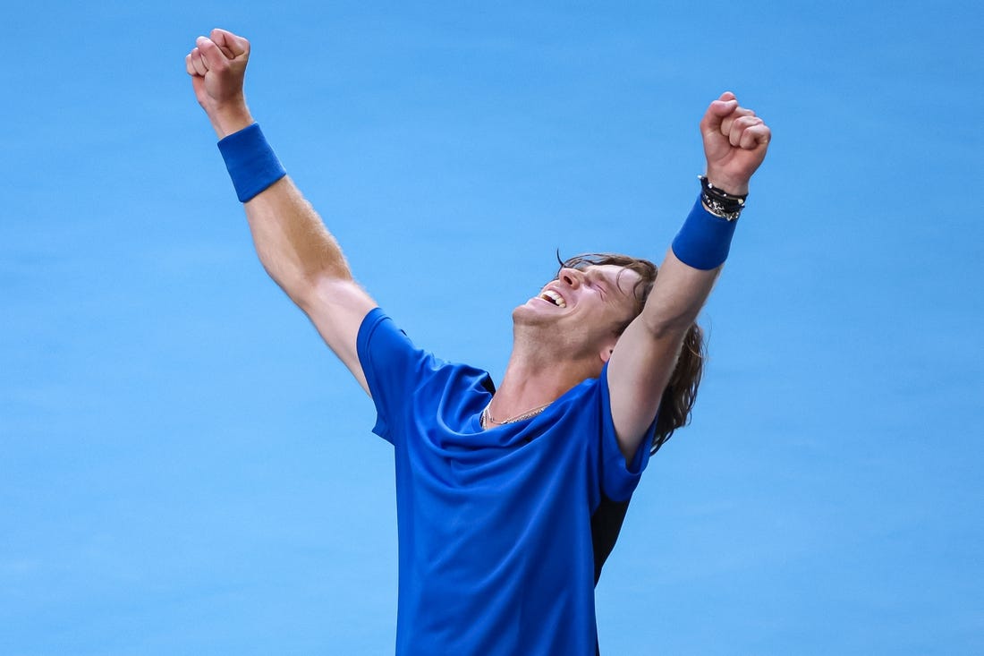 Jan 23, 2023; Melbourne, Victoria, Australia; Andrey Rublev from Russia celebrates during his round four match against Holger Rune from Denmark on day eight of the 2023 Australian Open tennis tournament at Melbourne Park. Mandatory Credit: Mike Frey-USA TODAY Sports