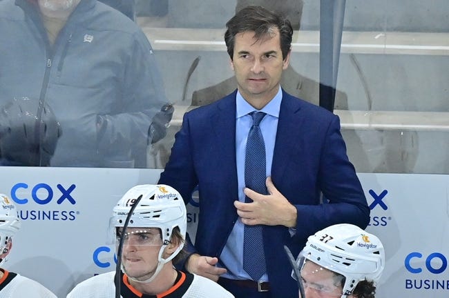 Jan 24, 2023; Tempe, Arizona, USA; Anaheim Ducks head coach Dallas Eakins look on in the second period against the Arizona Coyotes at Mullett Arena. Mandatory Credit: Matt Kartozian-USA TODAY Sports