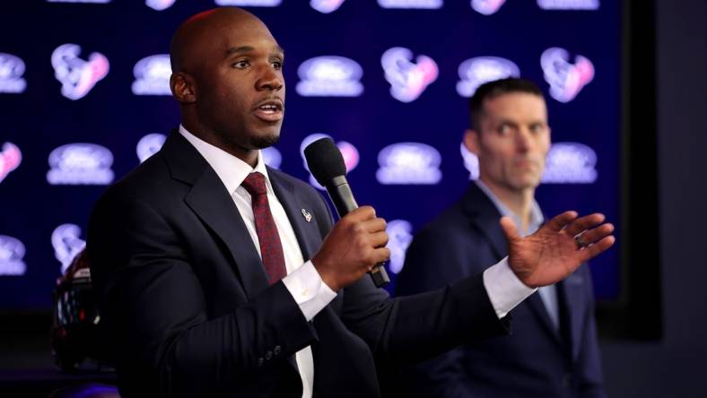 Feb 2, 2023; Houston, TX, USA; Houston Texans head coach Demeco Ryans speaks to the media during his introductory press conference as general manager Nick Caserio (right) looks on at NRG Stadium. Mandatory Credit: Erik Williams-USA TODAY Sports