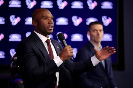 Feb 2, 2023; Houston, TX, USA; Houston Texans head coach Demeco Ryans speaks to the media during his introductory press conference as general manager Nick Caserio (right) looks on at NRG Stadium. Mandatory Credit: Erik Williams-USA TODAY Sports