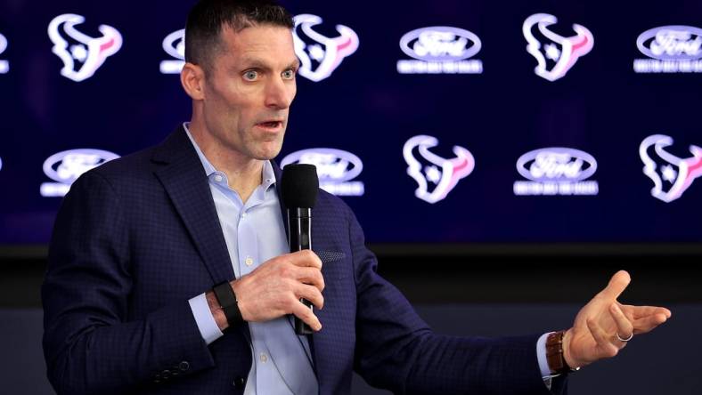 Feb 2, 2023; Houston, TX, USA; Houston Texans general manager Nick Caserio speaks to the media during his introductory press conference at NRG Stadium. Mandatory Credit: Erik Williams-USA TODAY Sports