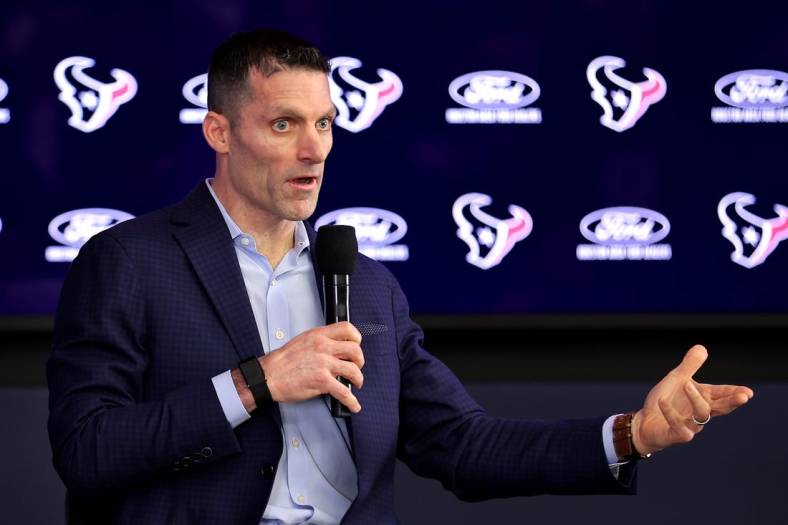 Feb 2, 2023; Houston, TX, USA; Houston Texans general manager Nick Caserio speaks to the media during his introductory press conference at NRG Stadium. Mandatory Credit: Erik Williams-USA TODAY Sports