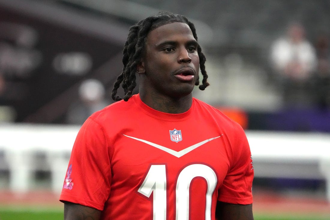 Feb 4, 2023; Paradise, NV, USA; AFC receiver Tyreek Hill of the Miami Dolphins (10) during Pro Bowl Games practice at Allegiant Stadium. Mandatory Credit: Kirby Lee-USA TODAY Sports