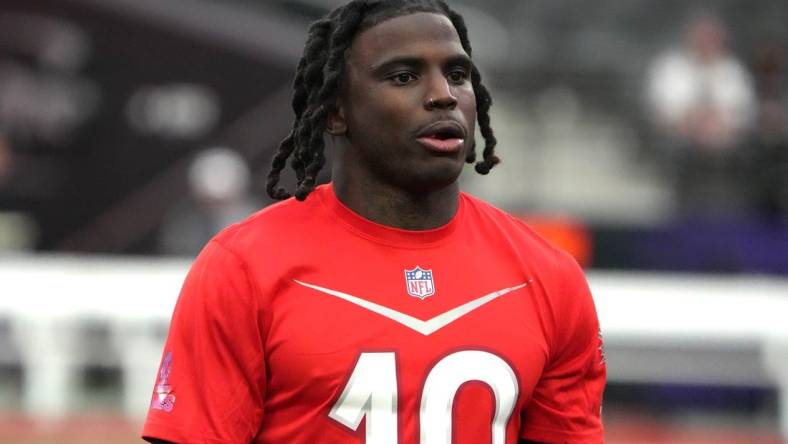 Feb 4, 2023; Paradise, NV, USA; AFC receiver Tyreek Hill of the Miami Dolphins (10) during Pro Bowl Games practice at Allegiant Stadium. Mandatory Credit: Kirby Lee-USA TODAY Sports