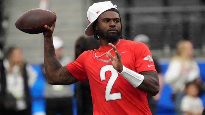 Feb 4, 2023; Paradise, NV, USA; AFC quarterback Tyler Huntley of the Baltimore Ravens (2) throws the ball during Pro Bowl Games practice at Allegiant Stadium. Mandatory Credit: Kirby Lee-USA TODAY Sports