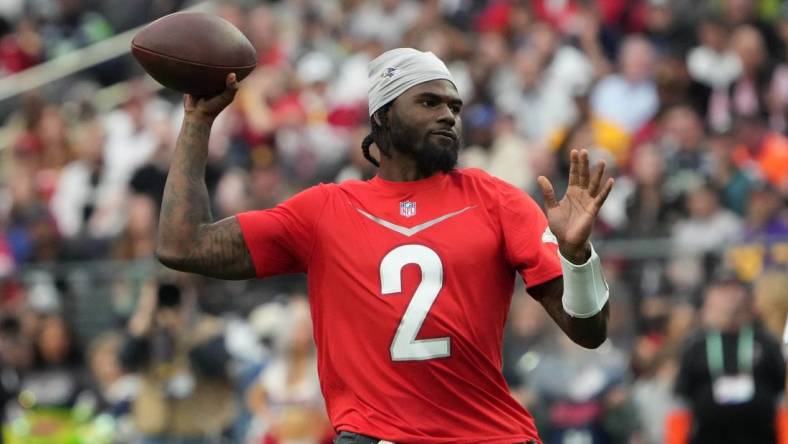 Feb 5, 2023; Paradise, Nevada, USA; AFC quarterback Tyler Huntley of the Baltimore Ravens (2) throws the ball against the NFC during the Pro Bowl Games at Allegiant Stadium. Mandatory Credit: Kirby Lee-USA TODAY Sports