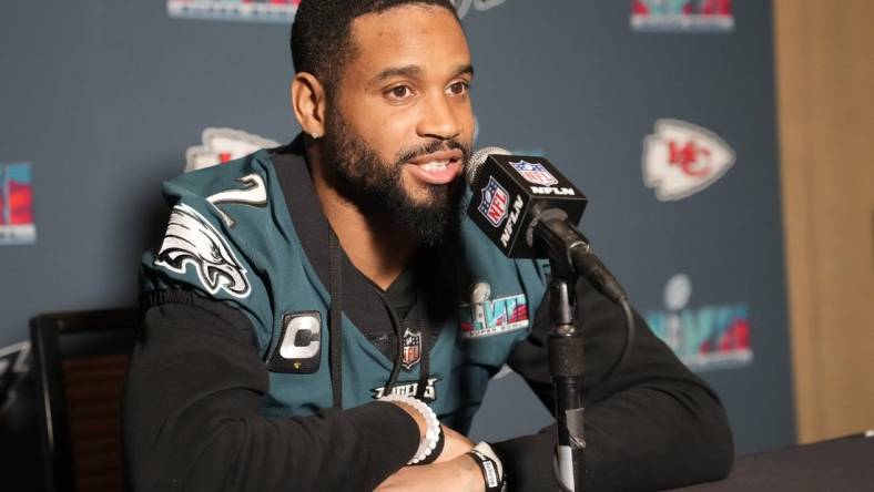 Feb 9, 2023; Phoenix, Ariz., U.S.; Philadelphia Eagles cornerback Darius Slay answers a question during media availability at Sheraton Grand at Wild Horse Pass. Mandatory Credit: Michael Chow-Arizona Republic