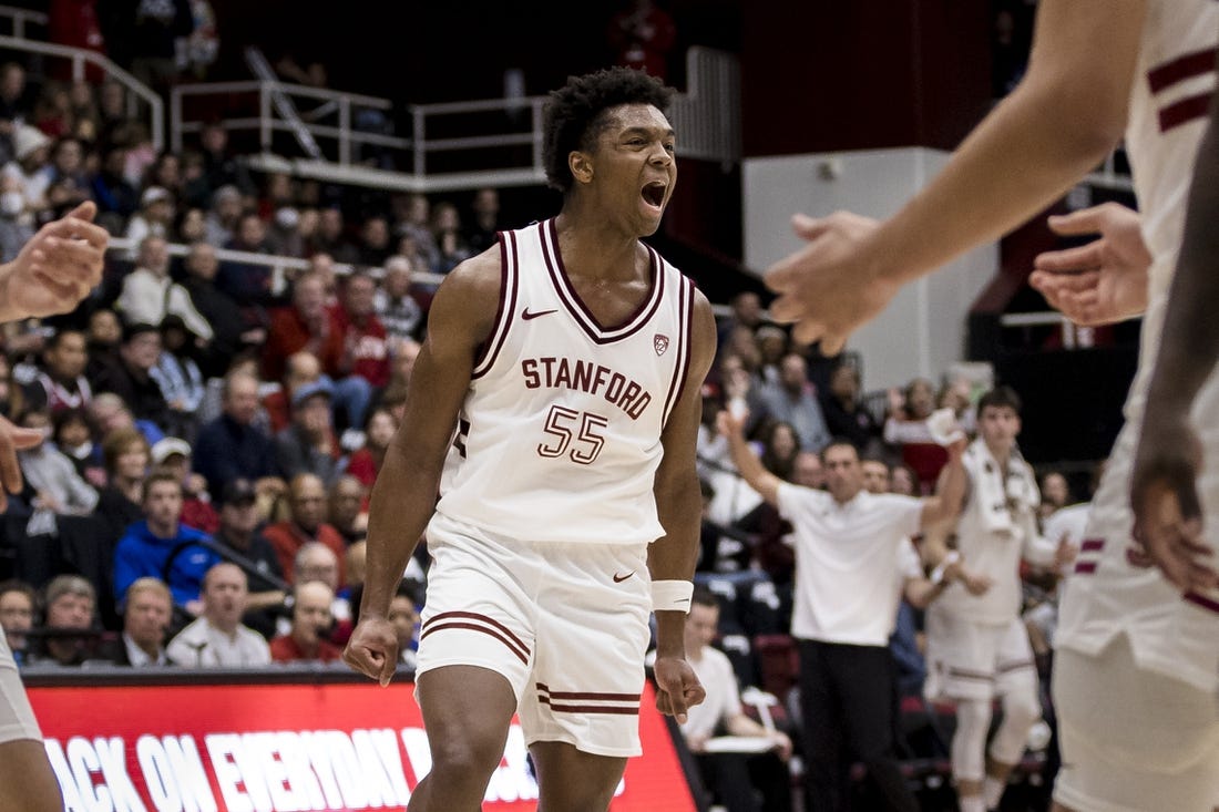 Feb 11, 2023; Stanford, California, USA;  Stanford Cardinal forward Harrison Ingram (55) reacts to a play against the Arizona Wildcats during the first half at Maples Pavilion. Mandatory Credit: John Hefti-USA TODAY Sports