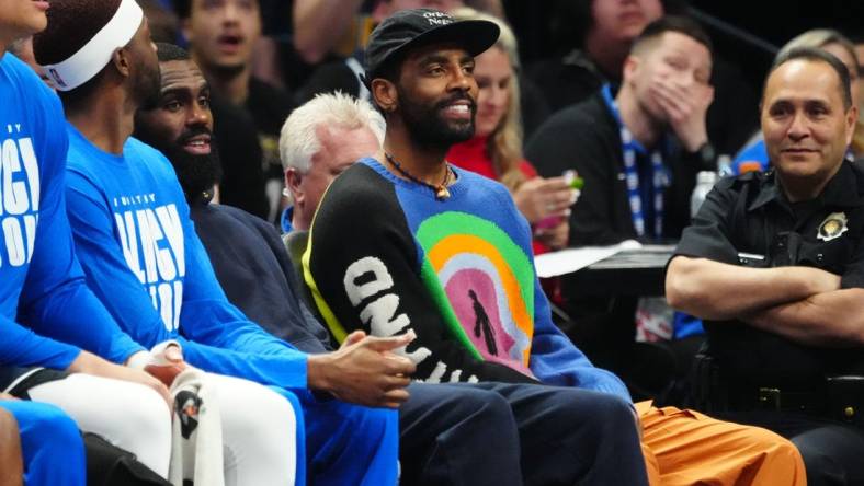 Feb 15, 2023; Denver, Colorado, USA; Dallas Mavericks guard Kyrie Irving (2) on the bench in the second quarter against the Denver Nuggets at Ball Arena. Mandatory Credit: Ron Chenoy-USA TODAY Sports