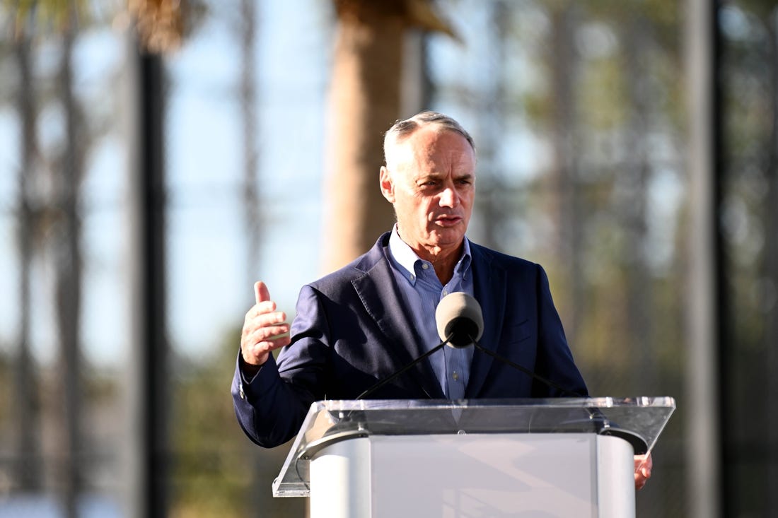 Feb 16, 2023; Dunedin, FL, USA; Major League Baseball commissioner Rob Manfred speaks to the media at the Grapefruit League Media Day. Mandatory Credit: Jonathan Dyer-USA TODAY Sports