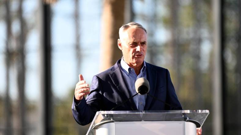 Feb 16, 2023; Dunedin, FL, USA; Major League Baseball commissioner Rob Manfred speaks to the media at the Grapefruit League Media Day. Mandatory Credit: Jonathan Dyer-USA TODAY Sports