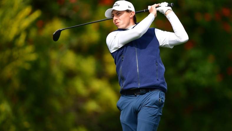 Feb 16, 2023; Pacific Palisades, California, USA; Matt Fitzpatrick hits from the fourth hole tee during the first round of The Genesis Invitational golf tournament. Mandatory Credit: Gary A. Vasquez-USA TODAY Sports