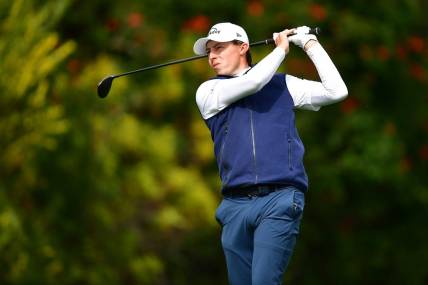 Feb 16, 2023; Pacific Palisades, California, USA; Matt Fitzpatrick hits from the fourth hole tee during the first round of The Genesis Invitational golf tournament. Mandatory Credit: Gary A. Vasquez-USA TODAY Sports