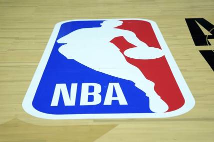 Feb 18, 2023; Salt Lake City, UT, USA; The NBA logo on the court at Huntsman Center. Mandatory Credit: Kirby Lee-USA TODAY Sports