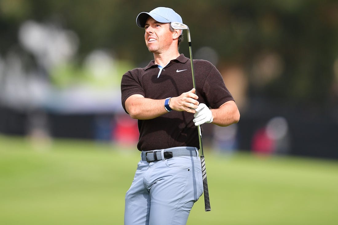 Feb 18, 2023; Pacific Palisades, California, USA; Rory McIlroy plays his shot on the fifteenth hole fairway during the third round of The Genesis Invitational golf tournament. Mandatory Credit: Gary A. Vasquez-USA TODAY Sports