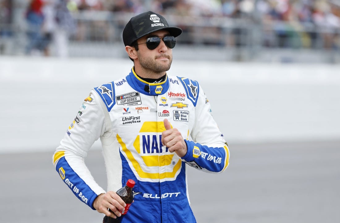 Feb 19, 2023; Daytona Beach, Florida, USA; NASCAR Cup Series driver Chase Elliott (9) during driver introductions before the start of the Daytona 500 at Daytona International Speedway. Mandatory Credit: Mike Dinovo-USA TODAY Sports