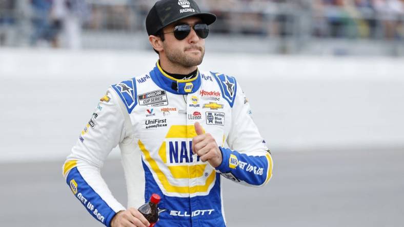 Feb 19, 2023; Daytona Beach, Florida, USA; NASCAR Cup Series driver Chase Elliott (9) during driver introductions before the start of the Daytona 500 at Daytona International Speedway. Mandatory Credit: Mike Dinovo-USA TODAY Sports