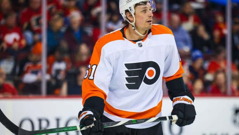 Feb 20, 2023; Calgary, Alberta, CAN; Philadelphia Flyers defenseman Justin Braun (61) against the Calgary Flames during the second period at Scotiabank Saddledome. Mandatory Credit: Sergei Belski-USA TODAY Sports