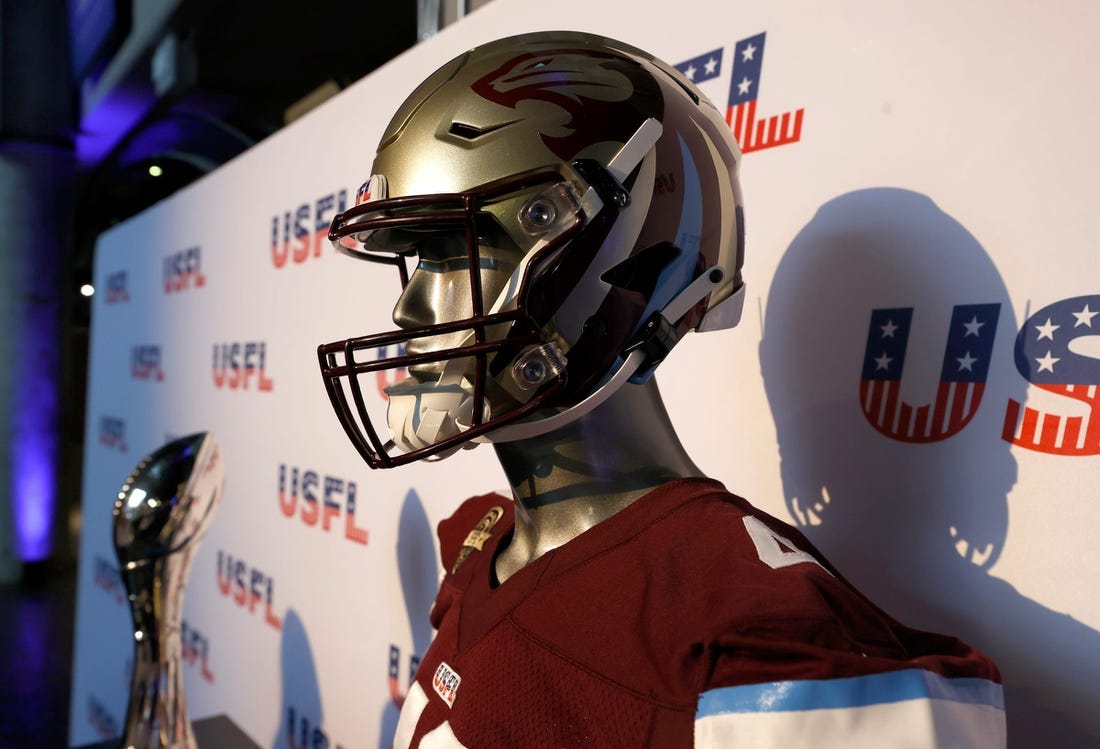 The USFL Michigan Panthers and the championship trophy on display during a press conference and announcement that the team returns to the state and starts playing on April 30th at Ford Field in Detroit on Thursday, Jan. 26, 2023.

Syndication Detroit Free Press