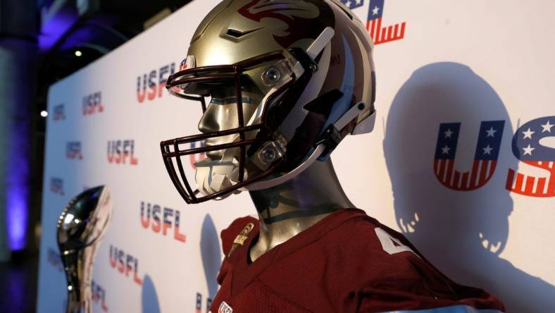 The USFL Michigan Panthers and the championship trophy on display during a press conference and announcement that the team returns to the state and starts playing on April 30th at Ford Field in Detroit on Thursday, Jan. 26, 2023.

Syndication Detroit Free Press